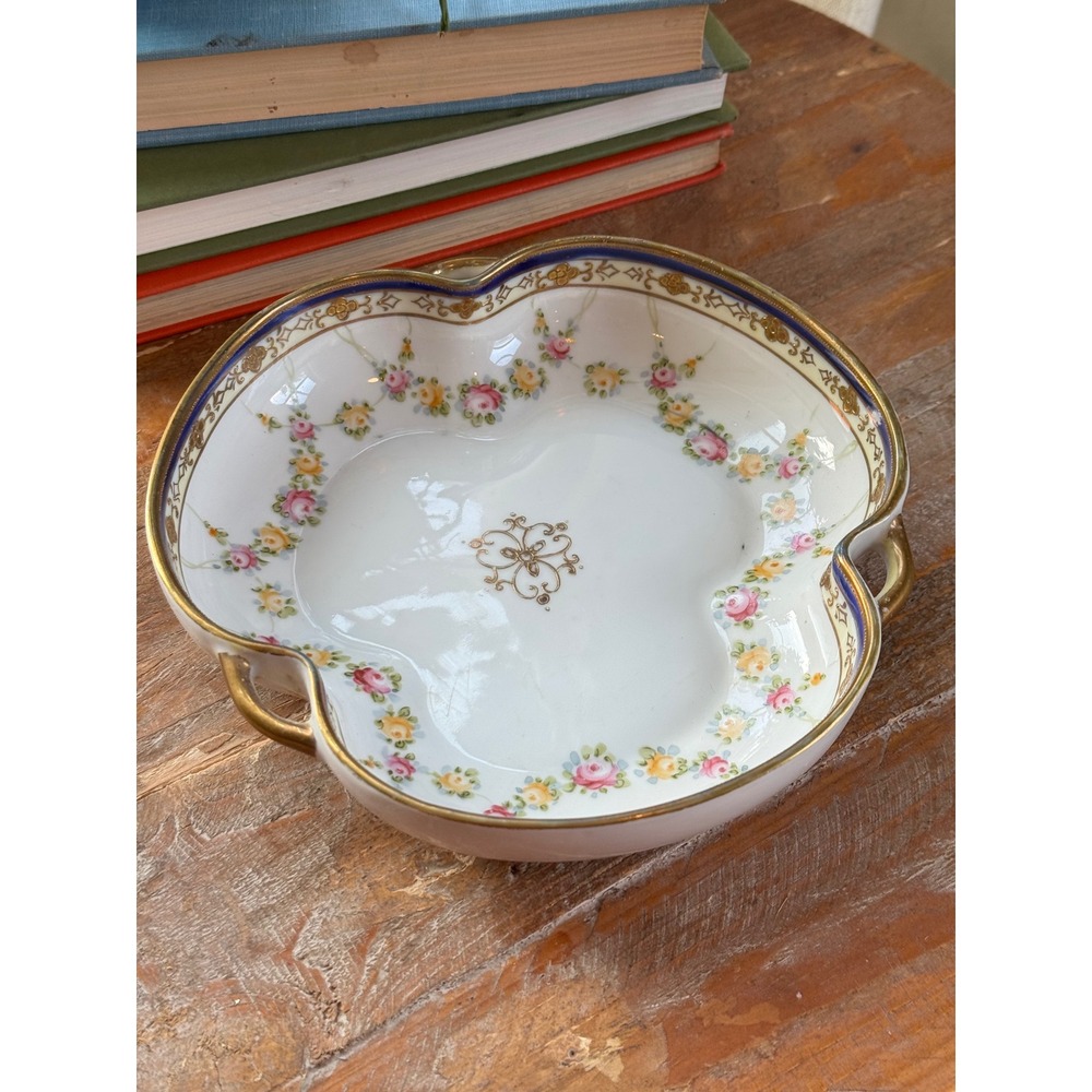 Antique Nippon Hand Painted Porcelain Floral Dish Gold Gilt Cobalt Blue